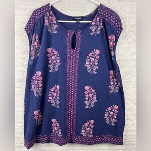 LUCKY BRAND Women's Linen Blend Floral Top Sz XL Boho Short Sleeve Cottagecore